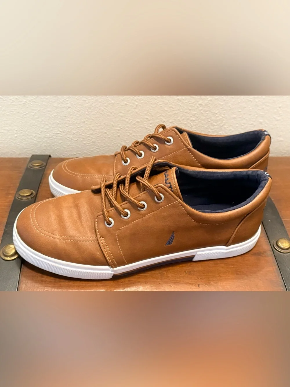 Nautica Men's PU Brown Leather Boat Sneakers with White Sole